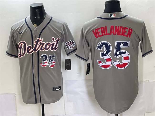 Men's Detroit Tigers #35 Justin Verlander Grey 2026 USA 250 Fourth of July Stitched Baseball Jersey Men's Detroit Tigers #35 Justin Verlander Grey 2026 USA 250 Fourth of July Stitched Baseball Jersey
